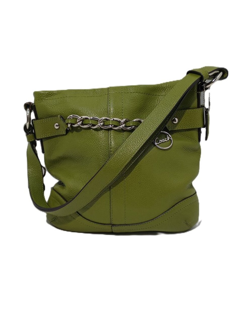 Coach Green Apple Pebbled Leather Crossbody Shoulder Bag Chain Detail Silver